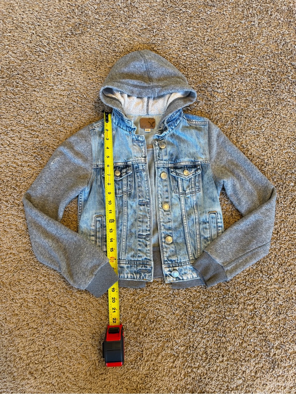 American Eagle Outfitters Light Wash Denim Jacket with Gray Knit Hoodie
